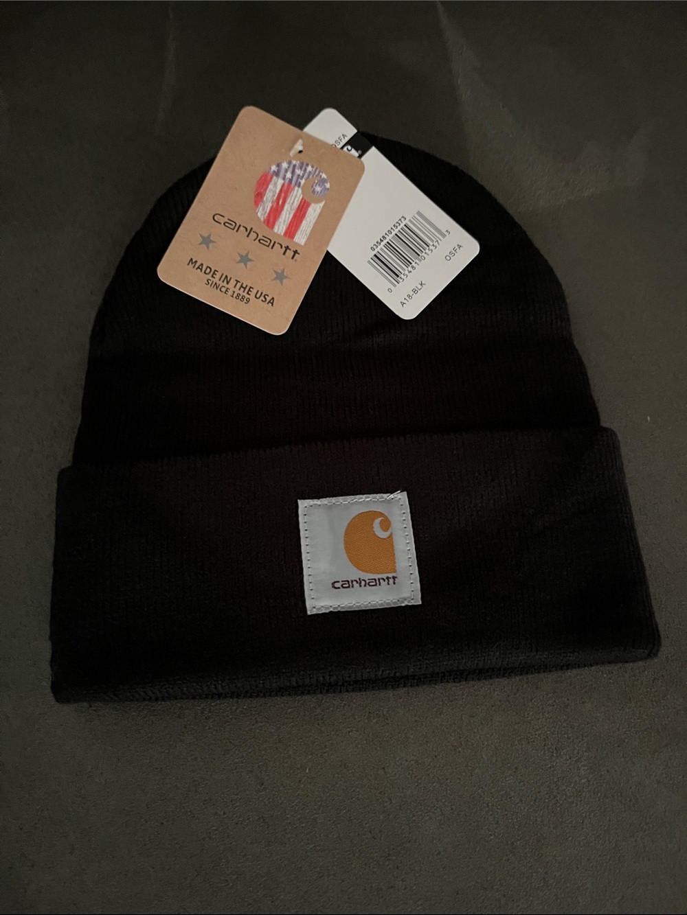 Carhartt Black Cuffed Knit Beanie with Tan Logo Patch